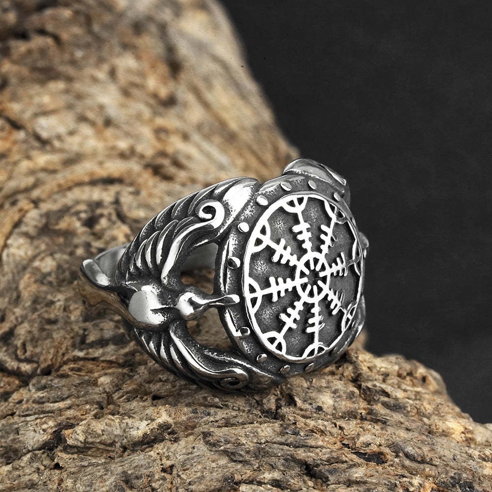 Vintage Solid Stainless Steel Norse Viking Aegishjalmur Helm of Awe Raven Band Ring for Men