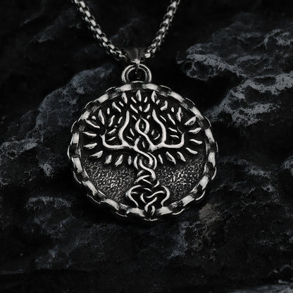 Men's Steel Nordic Tree of Life Lace Edge Round Pendant Necklace, Retro Street Jewelry