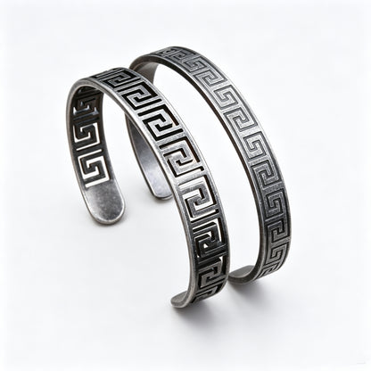 Vintage Engraved Texture Stainless Steel Open C Bracelet for Men, Cut-Out Pattern Adjustable Cuff Bangle Jewelry