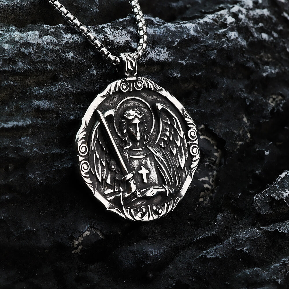 Men's Steel Vintage Archangel St Michael Double Sided Round Pendant Necklace