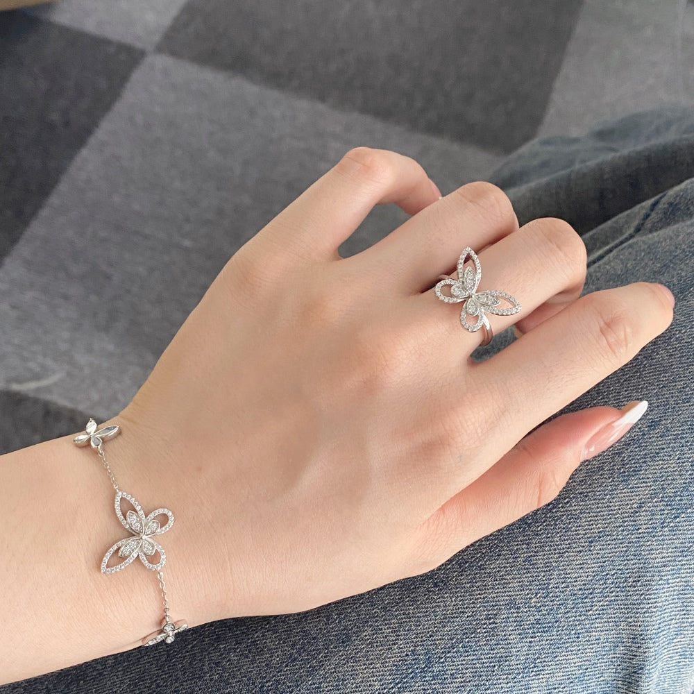 Women's Adjustable Bracelet, Butterfly Shape Paved Zirconia Inlay, S925 with White Gold Plating