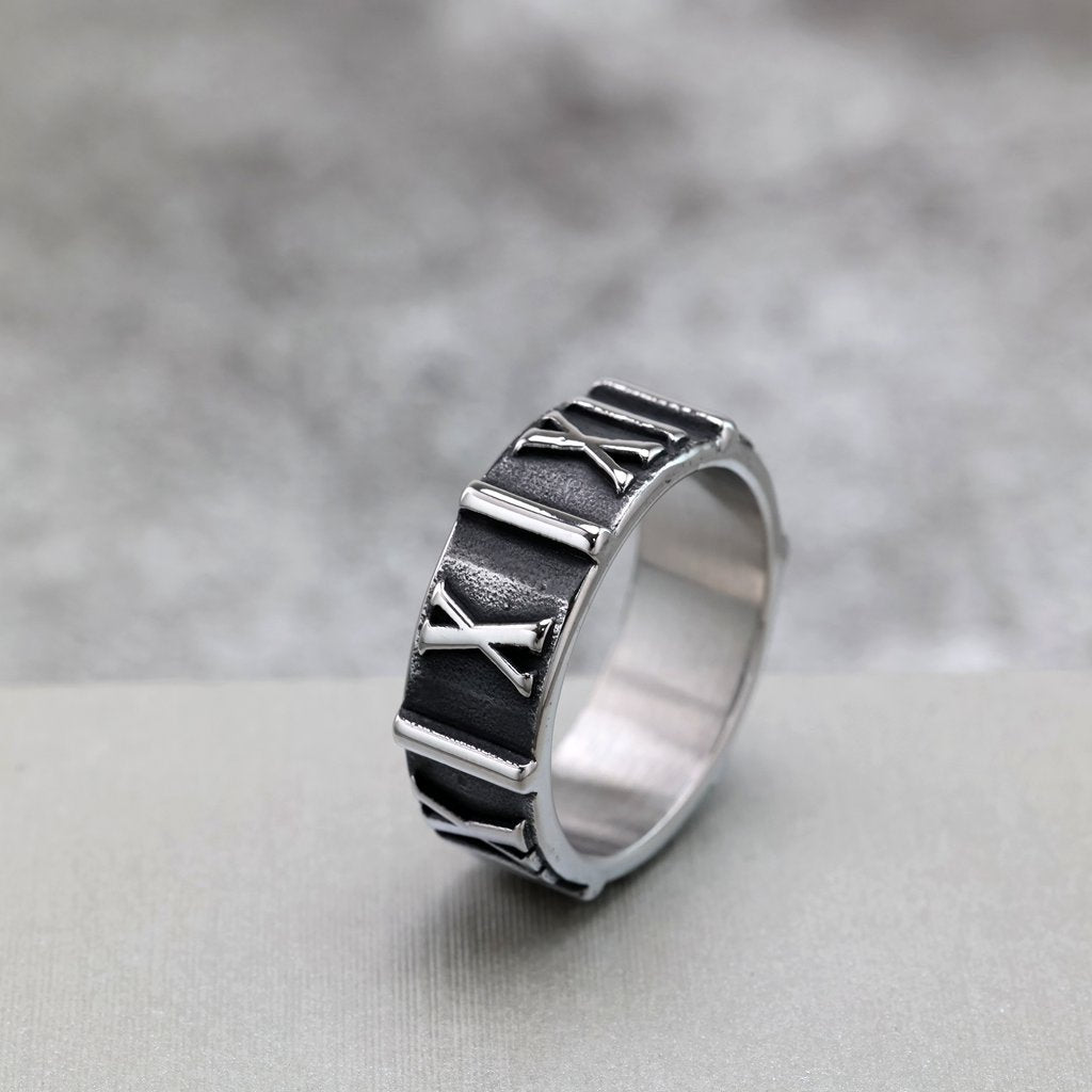 Vintage  Stainless Steel Roman Numeral Embossed Band Ring for Men