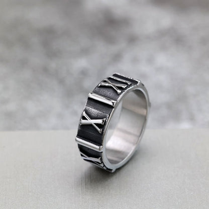 Vintage  Stainless Steel Roman Numeral Embossed Band Ring for Men