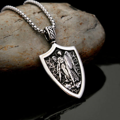 Vintage Stainless Steel Men's Shield St. Michael Angel Pendant Necklace