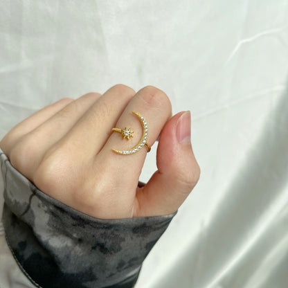 Women's S925 Golden Moon And Star Thin Stackable Adjustable Ring
