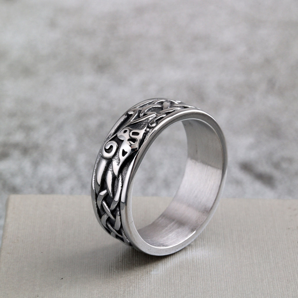 Vintage Stainless Steel Norse Viking Raven Slim Narrow Band Ring for Men