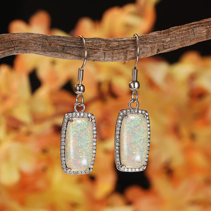 Women's Rectangle Halo Zirconia Dangle Earrings With White Opal, White Gold Plating