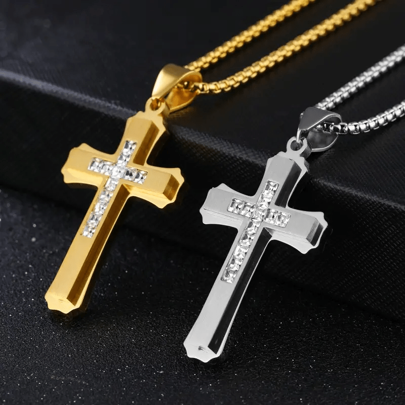 Men's Punk Double-Layer Three-Dimensional Cross Pendant Necklace