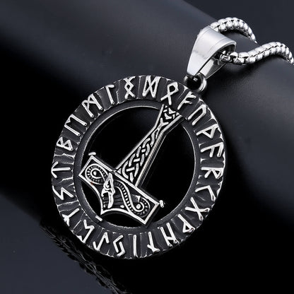 Men's Steel Viking Runes Mjolnir Round Pendant Necklace