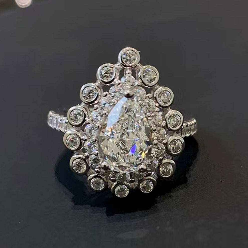 Women's White Gold Drip Shape Bezel Setting Stones Halo Adjustable Ring