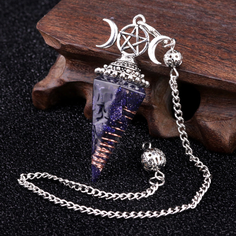 Three-phase moon seven-colored crushed stone resin crystal hexagonal pyramid spirit pendulum