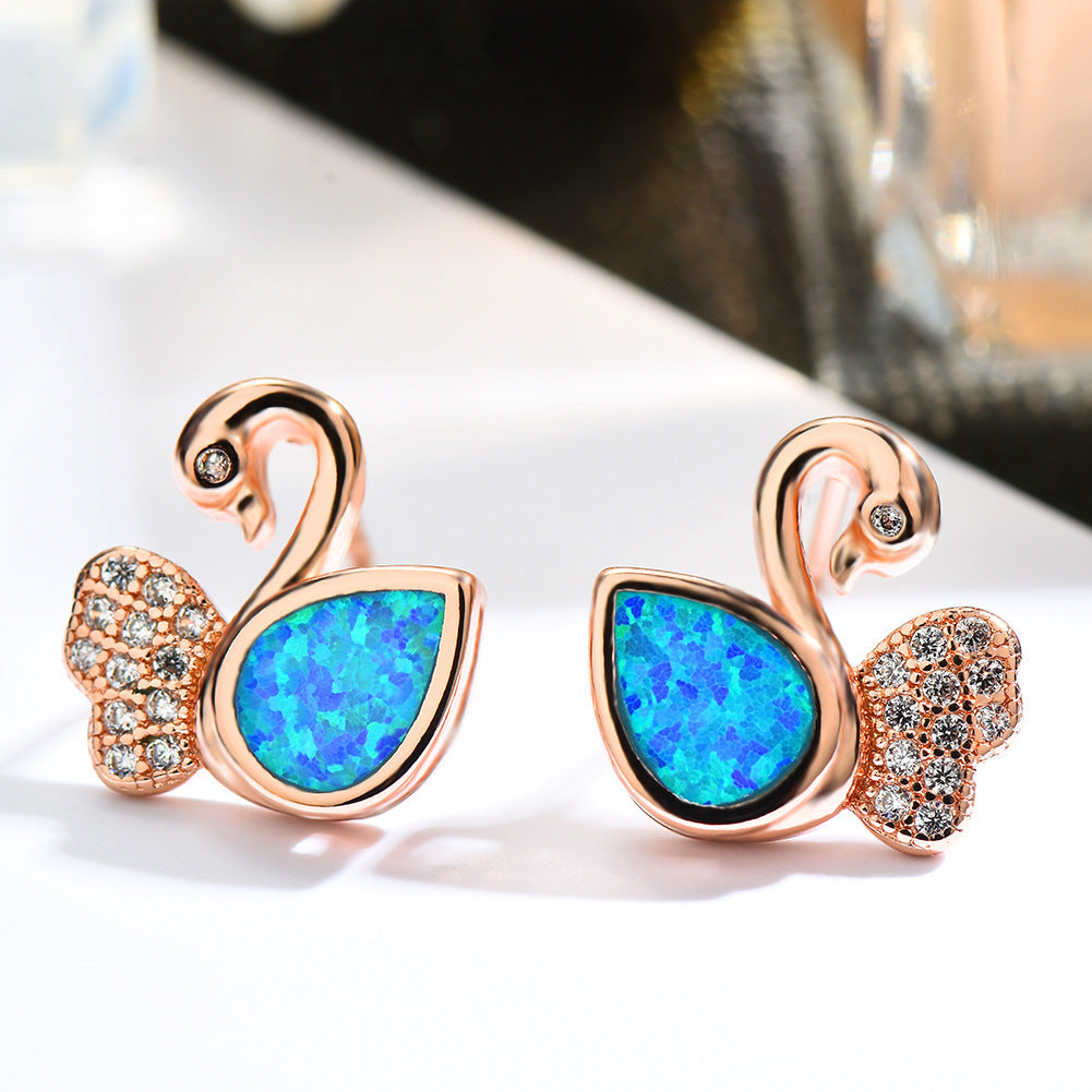 Women's Exquisite Rose‑Gold Plating Swan‑Shape Zirconia Inlaid Blue / White Opal Stud Earrings