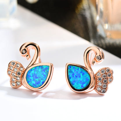 Women's Exquisite Rose‑Gold Plating Swan‑Shape Zirconia Inlaid Blue / White Opal Stud Earrings