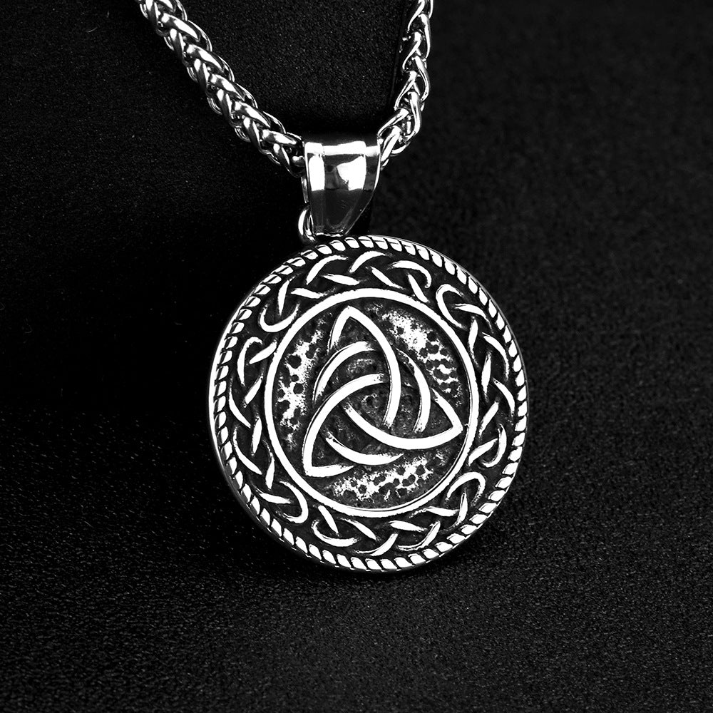Men's Steel Celtic Triquetra Round Tag Pendant Necklace