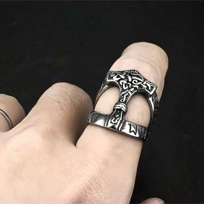 Vintage Nordic Stainless Steel Viking Rune Hammer Ring for Men