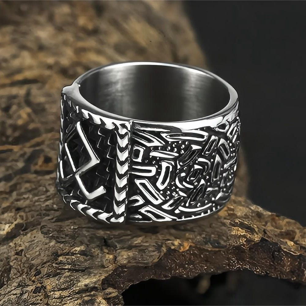 Vintage Solid Stainless Steel Norse Viking Rune Textured Carved Wide Band Ring for Men