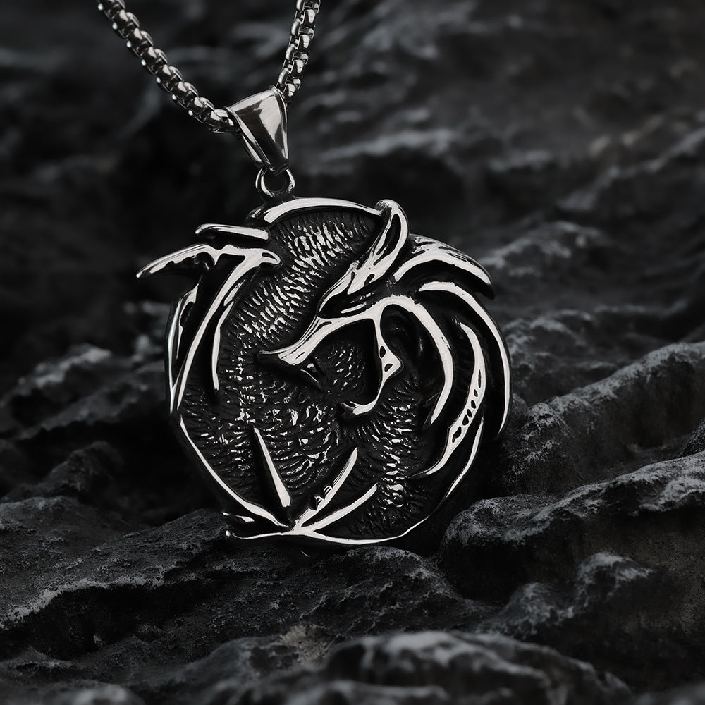Vintage Biker Stainless Steel Witcher Pendant Necklace for Men