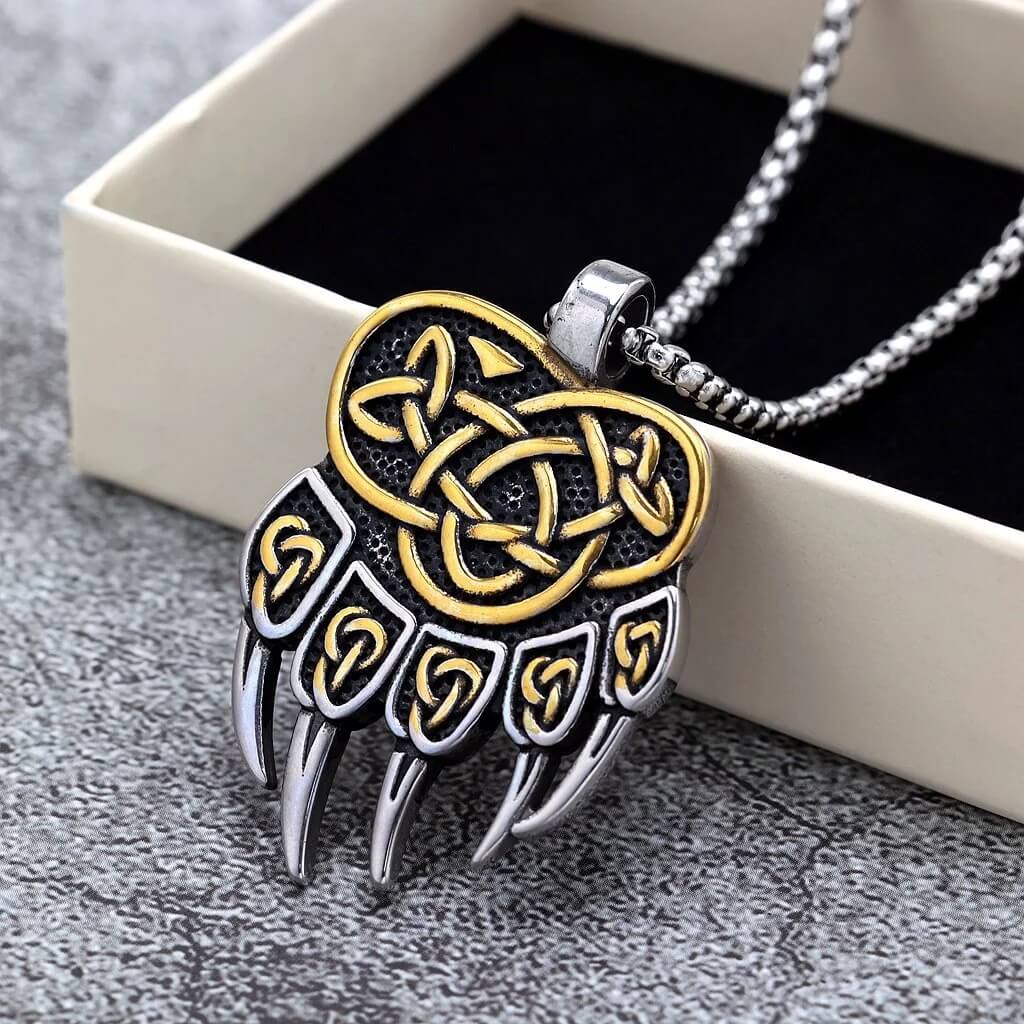 Vintage Men's Stainless Steel Viking Bear Claw Pendant Necklace