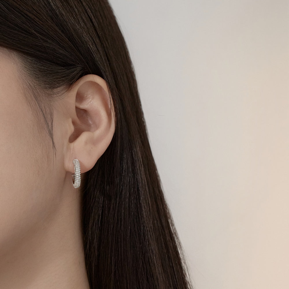 Women's Delicate11mm Round Huggie Earrings, Full Paved Round Zirconia, S925 with White Gold Plating