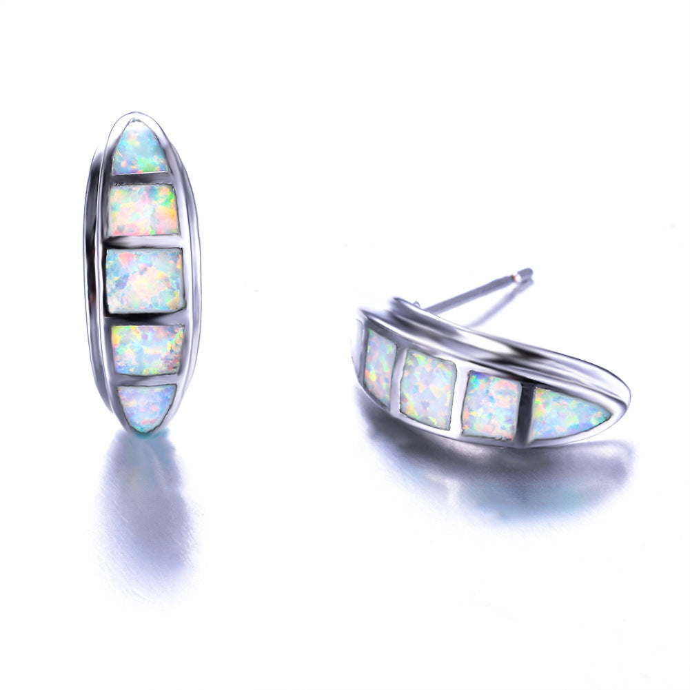Women's Curved Grooved Stud Earrings, Blue Opal / White Opal
