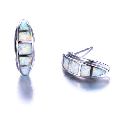 Women's Curved Grooved Stud Earrings, Blue Opal / White Opal