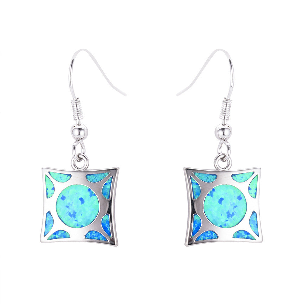 Women's Square Hollow Pattern Dangle Earrings, Inlaid Round Blue Opal / White Opal, White Gold Plating
