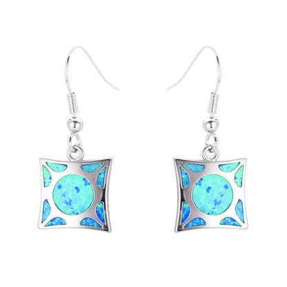 Women's Square Hollow Pattern Dangle Earrings, Inlaid Round Blue Opal / White Opal, White Gold Plating