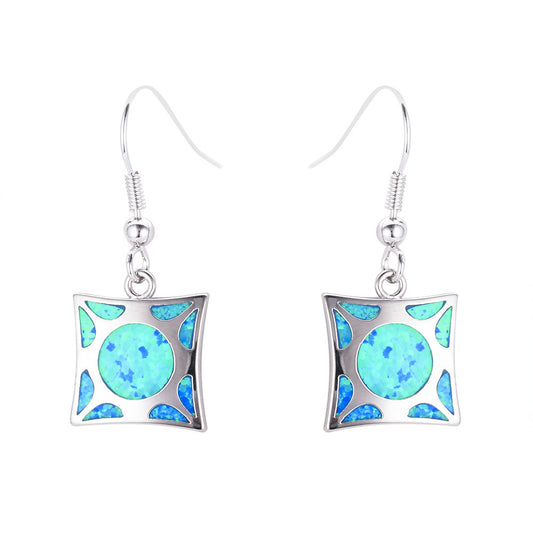 Women's Square Hollow Pattern Dangle Earrings, Inlaid Round Blue Opal / White Opal, White Gold Plating