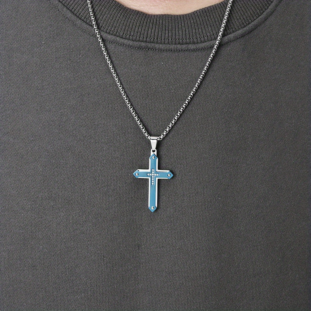 Double-Layer Zircon-Encrusted Men's Cross Pendant Necklace