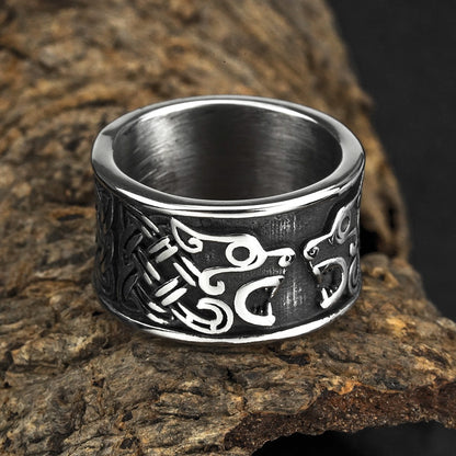 Vintage Nordic Stainless Steel Wide Band Viking Fenrir Wolf Head Ring for Men
