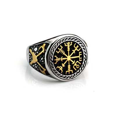 Vintage Nordic Solid Stainless Steel Engraved Axe Viking Compass Ring for Men