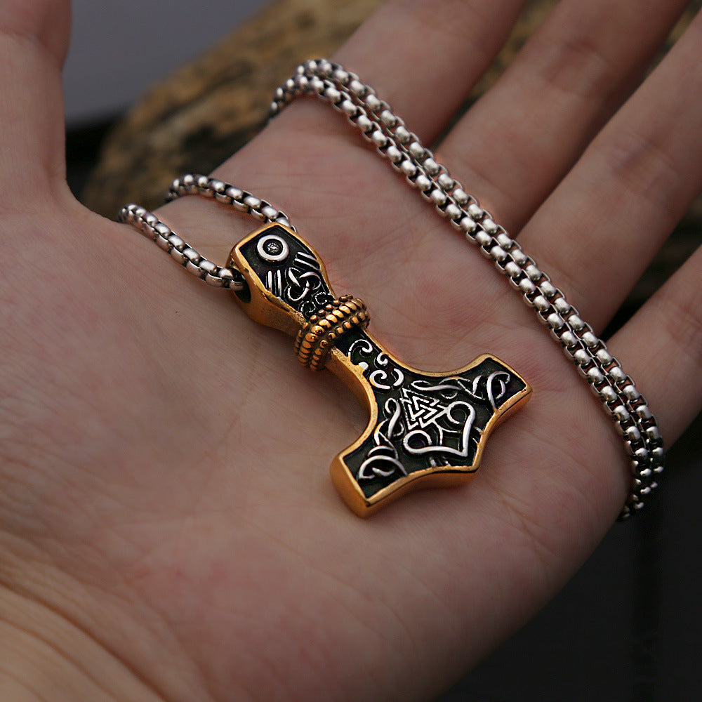 Mens Steel Mjolnir Valknut Pendant Necklace