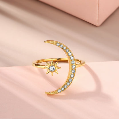 Women's S925 Golden Moon And Star Thin Stackable Adjustable Ring