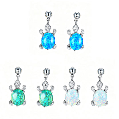 Women's Turtle Design Dangle Earrings Inlaid with Blue Opal, White Opal, Green Opal and Round Zirconia