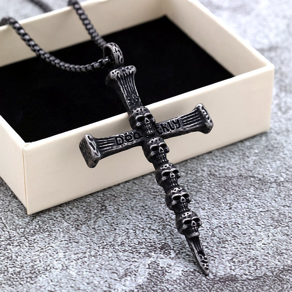 Men's Steel Multi Skull Cross Pendant Necklace