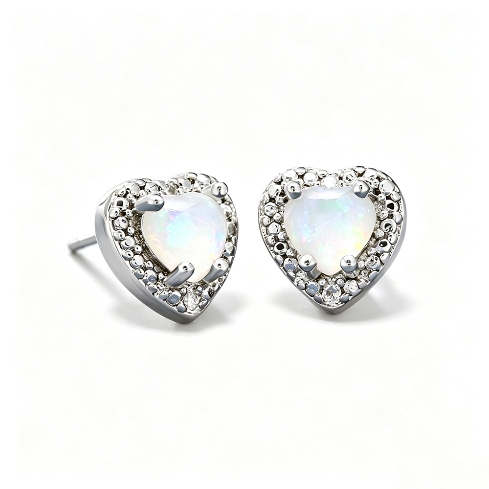 Women's Prong Set Heart Paved Zirconia White & Blue Opal Stud Earrings, Rose Gold / White Gold Plating