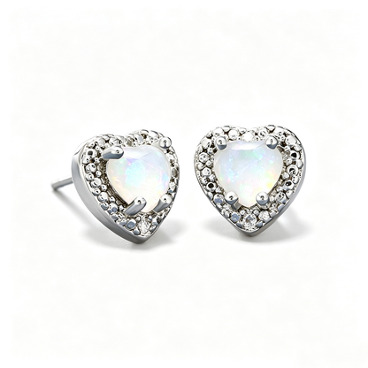Women's Prong Set Heart Paved Zirconia White & Blue Opal Stud Earrings, Rose Gold / White Gold Plating