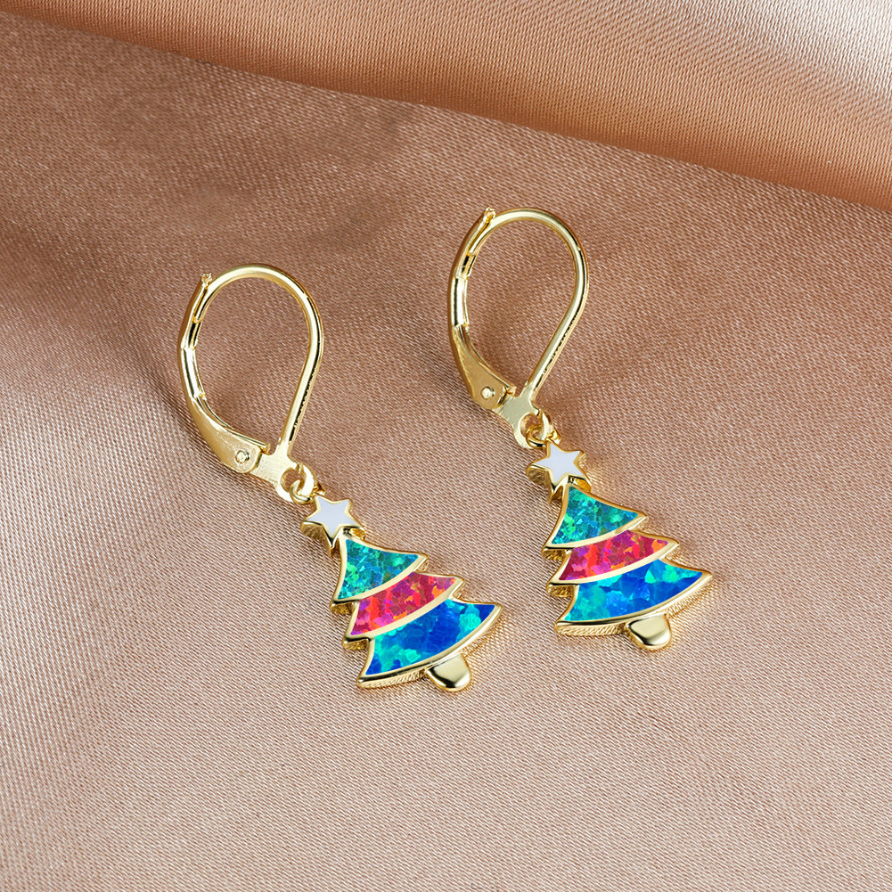 Women's Christmas Tree Color Opal Dangle Earrings, Gold / White Gold Plating