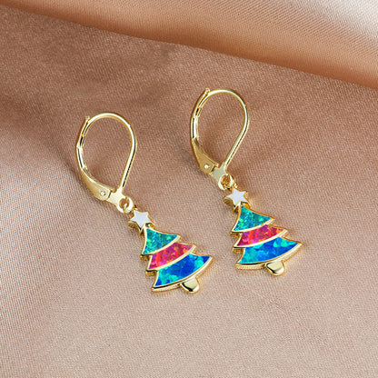 Women's Christmas Tree Color Opal Dangle Earrings, Gold / White Gold Plating