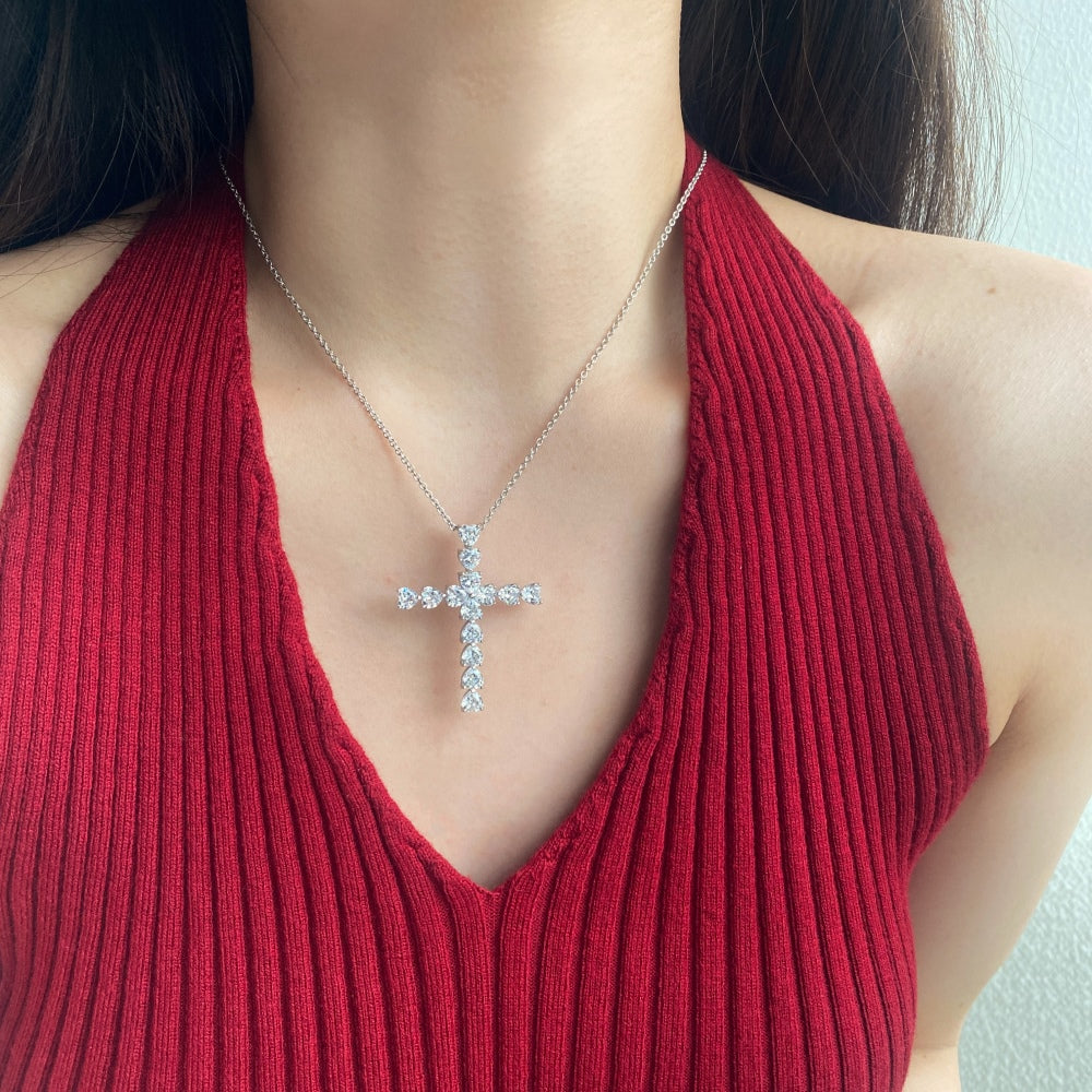 Women's Stylish Cross Pendant Necklace, Heart Shape Zirconia Inlay, S925 with White Gold Plating