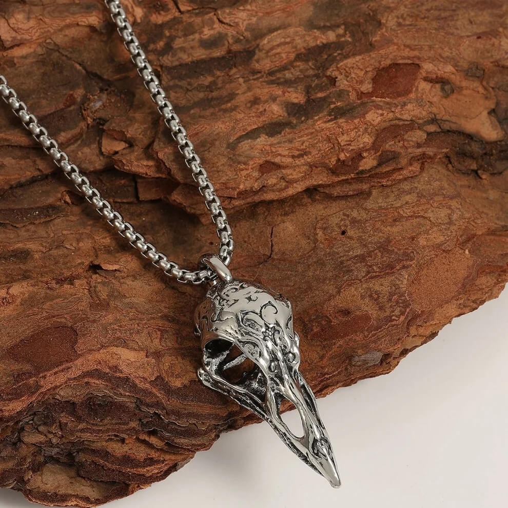 Men's Steel Vintage Raven Skull Pendant Necklace Nordic Viking Style Jewelry