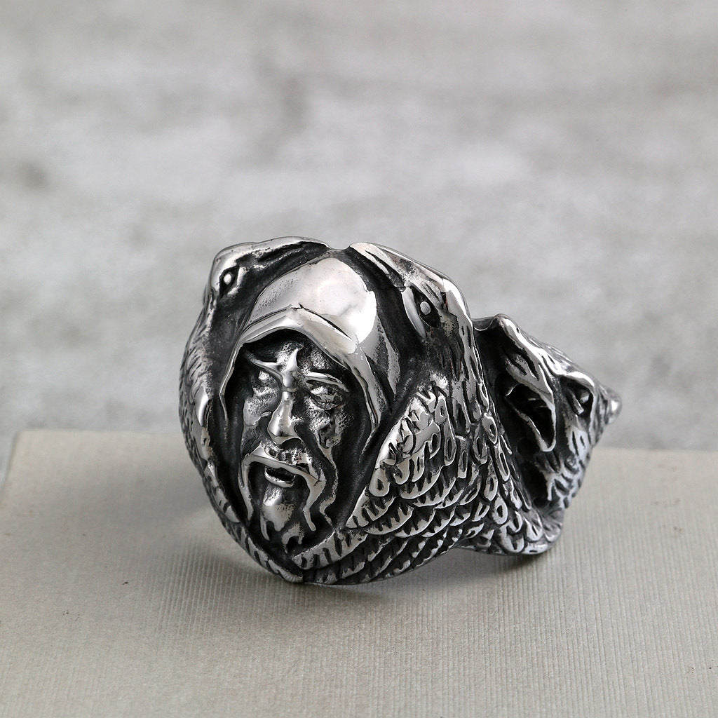 Vintage Stainless Steel Biker Viking Odin Raven Wolf Head Ring for Men
