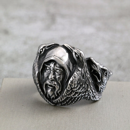 Vintage Stainless Steel Biker Viking Odin Raven Wolf Head Ring for Men