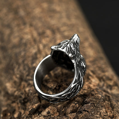 Vintage Antique Oxidized Solid Stainless Steel Norse Viking 3D Wolf Head Triquetra Celtic Knot Band Ring for Men
