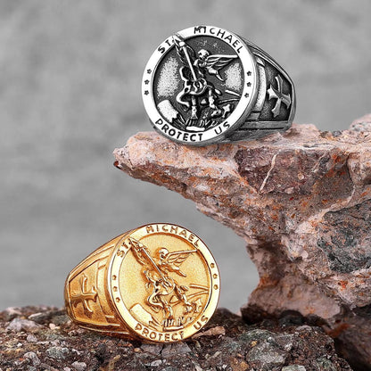 Vintage Solid Stainless Steel Archangel Saint Michael Dragon Slayer Round Signet Ring for Men