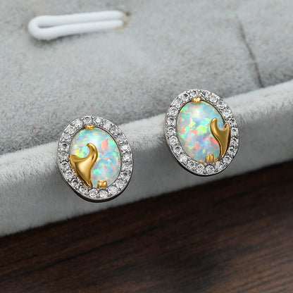 Women's Oval‑Shape Two‑Tone Metal Halo Paved Zirconia Blue / White Opal Stud Earrings, with White Gold Plating
