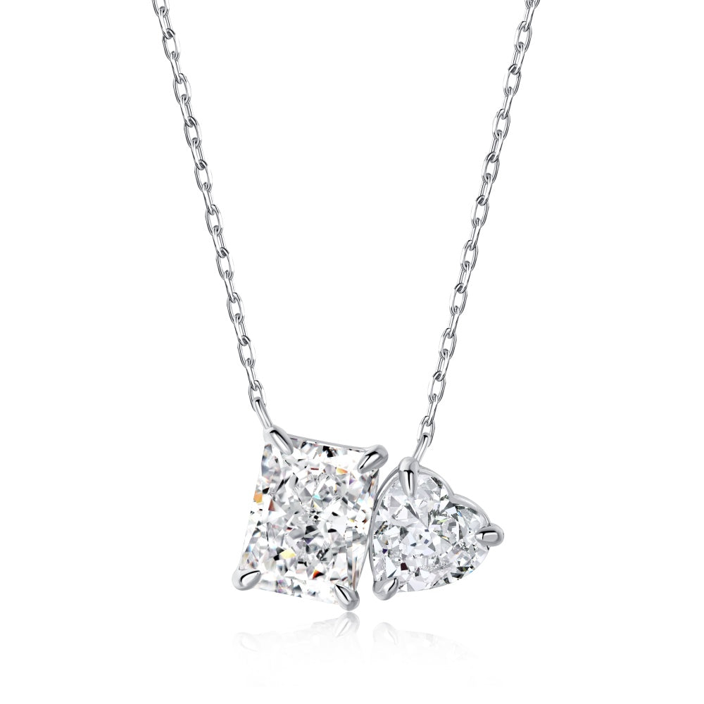 Women's Dual Main Stone Pendant Necklace, Rectangle & Heart Shape Zirconia Inlay, S925 with White Gold Plating