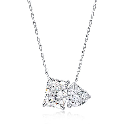 Women's Dual Main Stone Pendant Necklace, Rectangle & Heart Shape Zirconia Inlay, S925 with White Gold Plating