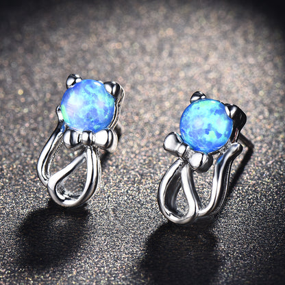 Women's Cat‑Bow‑Knot Shape Stud Earrings, Blue Opal / White Opal