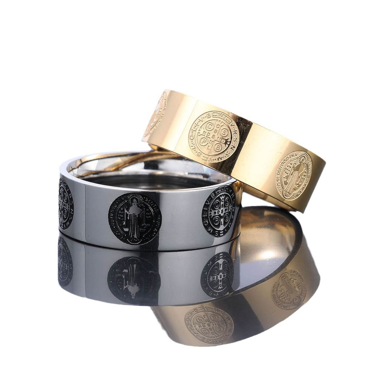 Vintage Polished Stainless Steel Saint Benedict Exorcism Cross Pattern Ring for Men